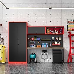 Fesbos Metal Storage Cabinet Black&Red Wall