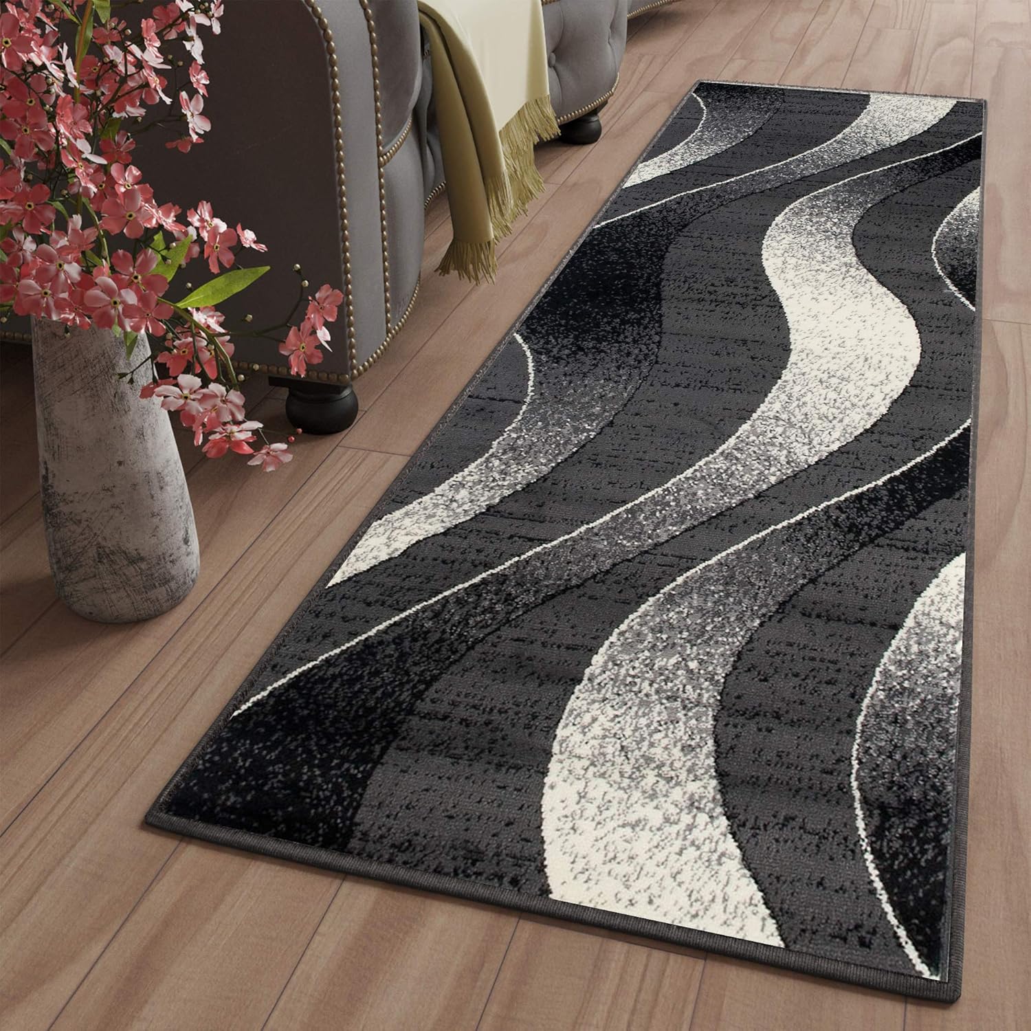 Tapiso Dream Teppich Laufer Meterware Flur Brucke Modern Streifen Wellen Dunkelgrau Creme Schwarz Wohnzimmer Kuche Okotex 60 X 100 Cm Laufer Teppiche Matten Myprintshop Gr