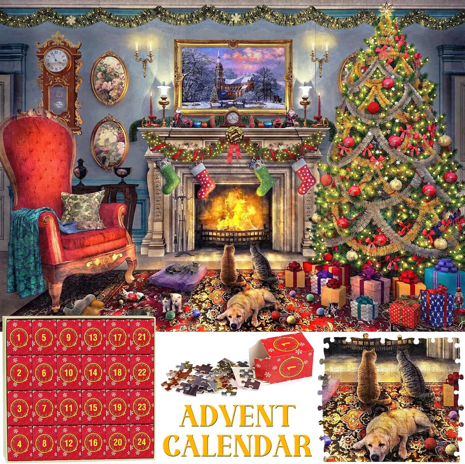 Advent Calendars - KWYZ Advent Calendar 2023 Christmas Jigsaw Puzzles - Festive Fireplace in Warm Christmas Holiday Puzzle, 24 Parts -1008 Pieces Jigsaw Puzzles for Adults and Kids Countdown to Christmas Puzzles Gift