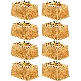 Fovths 8 Pack Luau Grass Table Skirt 9 Feet x 29.5 Inch Hawaiian Grass Table Skirt with Flowers Natural Hawaiian Party Decorations for Luau Birthday Summer Beach Party Supplies, Dark Straw Yellow