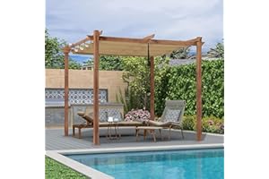 PURPLE LEAF 10' x 10' Outdoor Retractable Pergola with Sun Shade Canopy Patio Metal Shelter for Garden Porch Beach Pavilion Natural Wood Grain Frame Gazebo Modern Yard Grill Pergola