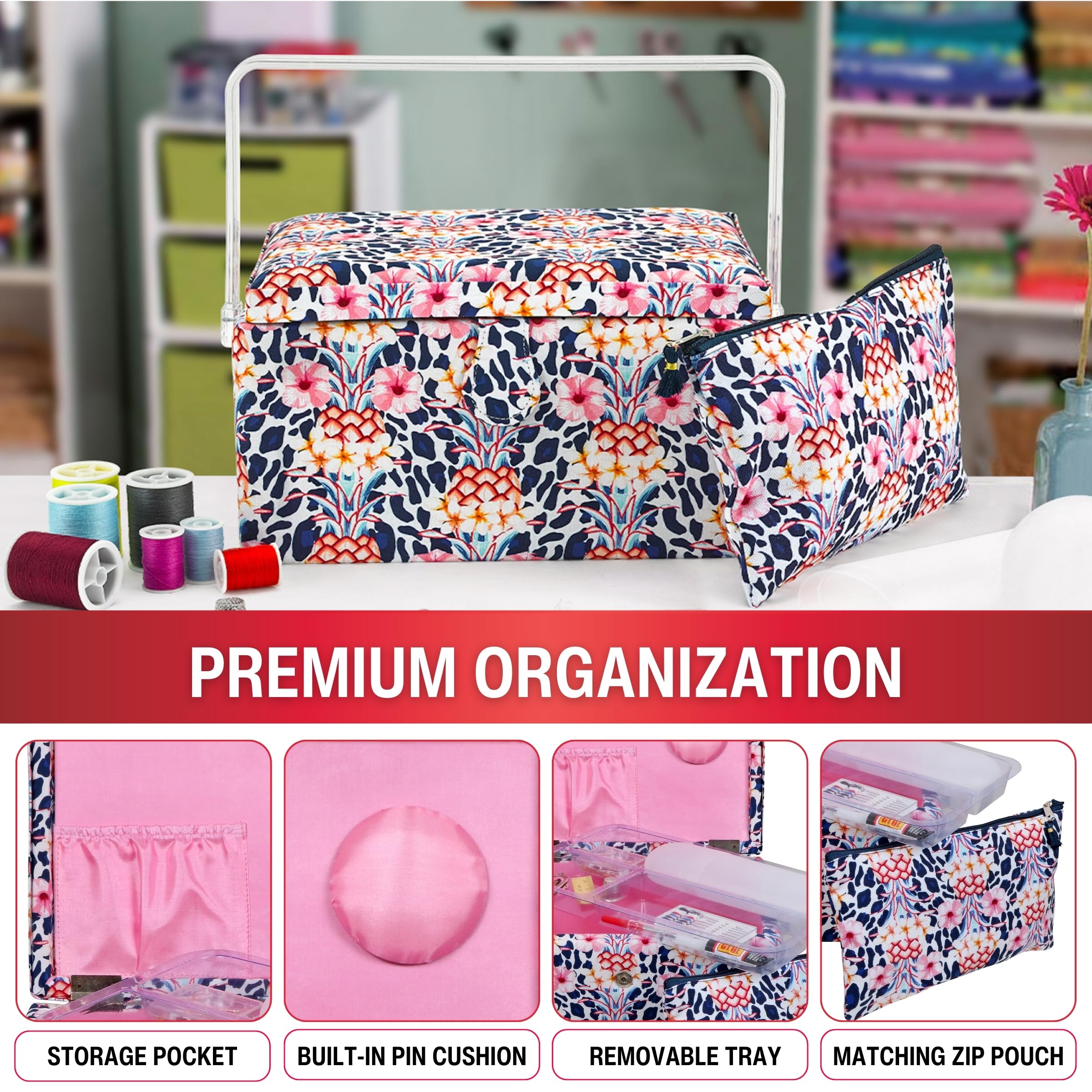 SINGER Large Premium Sewing Basket Tropical Animal Print with Emergency Travel Sewing Kit & Matching Zipper Pouch