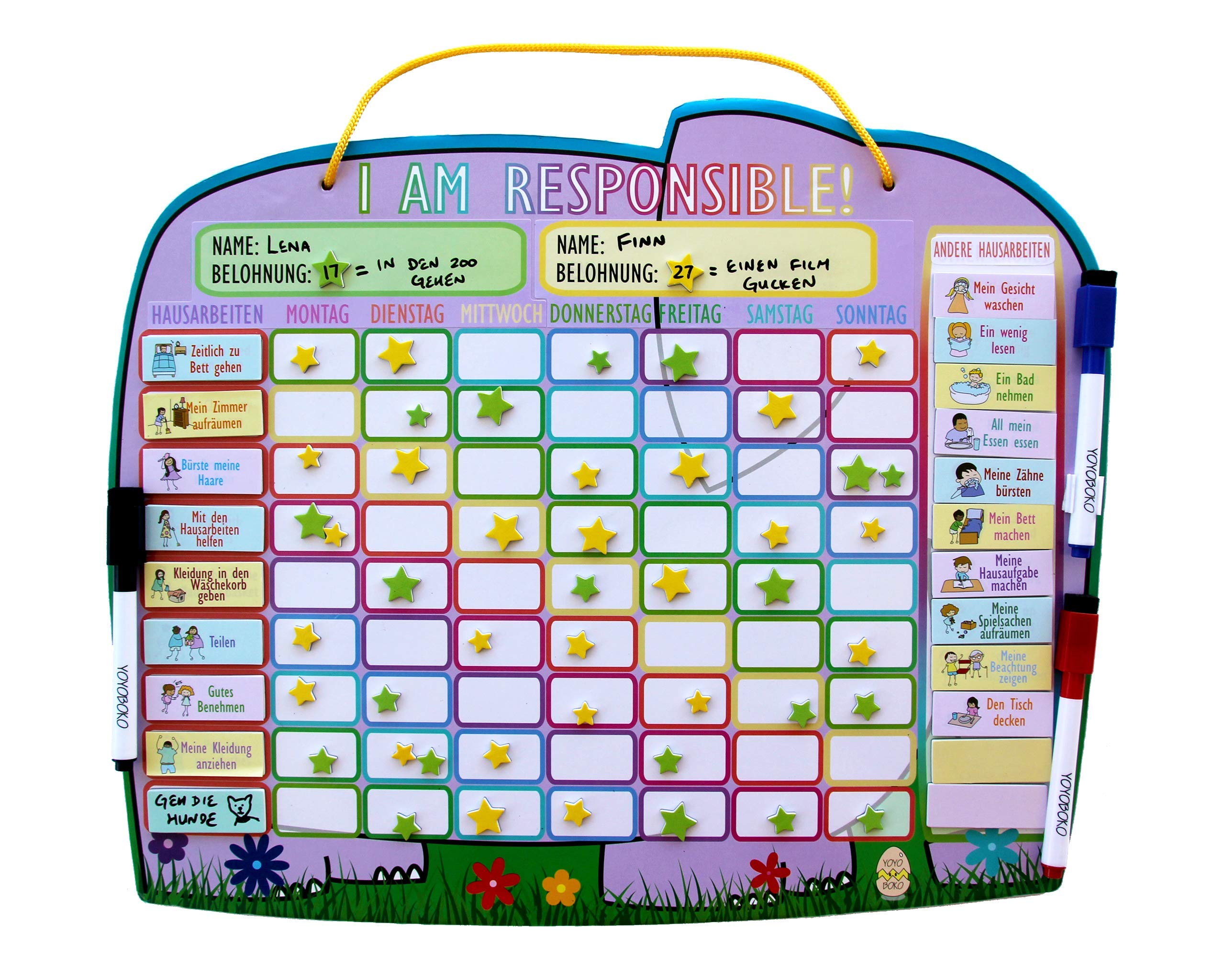 Yoyoboko Chore Reward Chart for Multiple Children with Magnetic Backing, 3 x Dry Erase Marker and Storage Bag - Ele-fun Responsibility Star Chart, 41.4 x 34cm (English chart with German stickers)