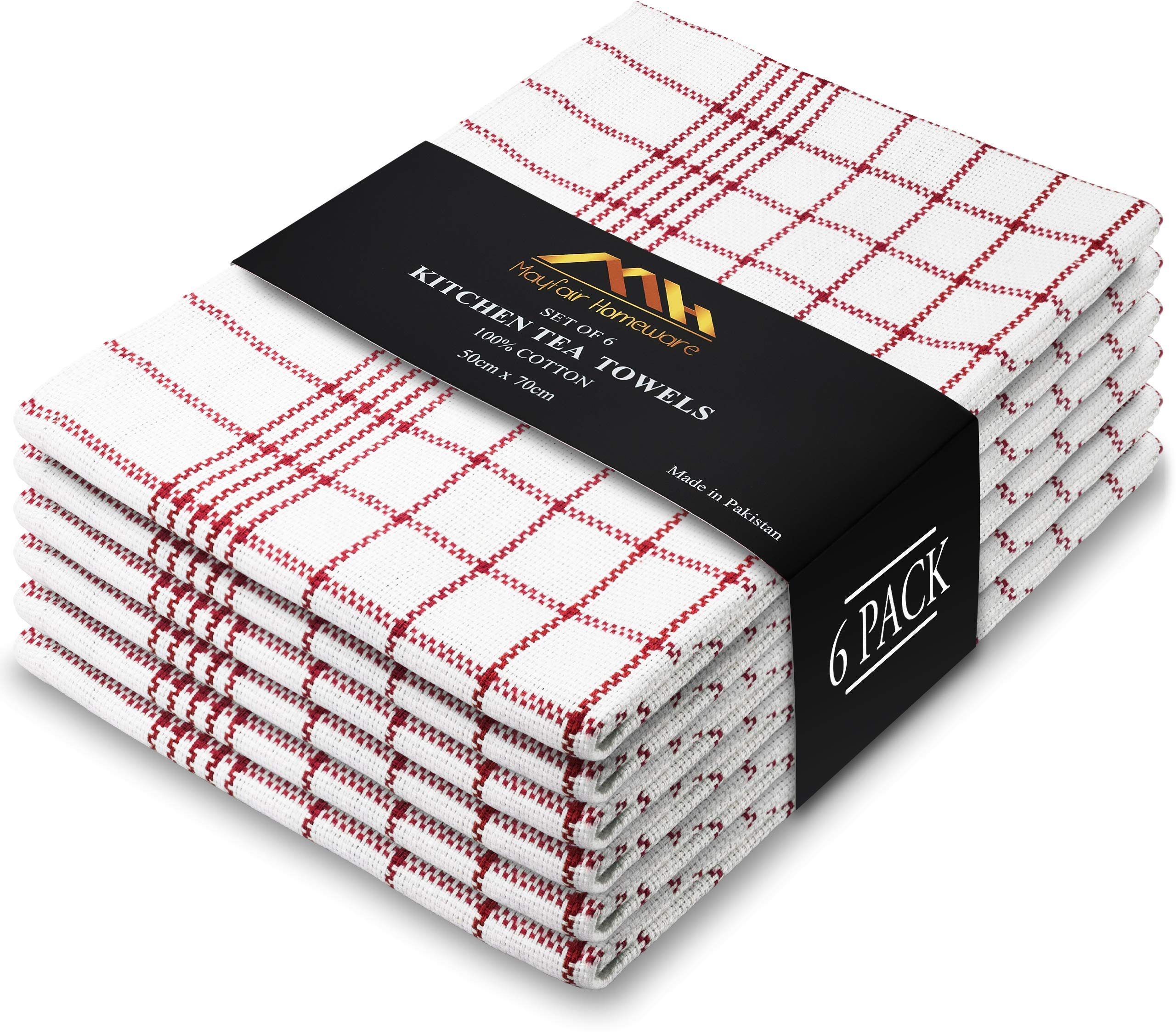 Mayfair Homeware Tea Towels Pack of 6 Pure Cotton Dish Cloths Super Absorbent and Fast Drying Kitchen Tea Towel 50x70 cm Tea Towels for Kitchen Set of Lint Free Cloth Red and White