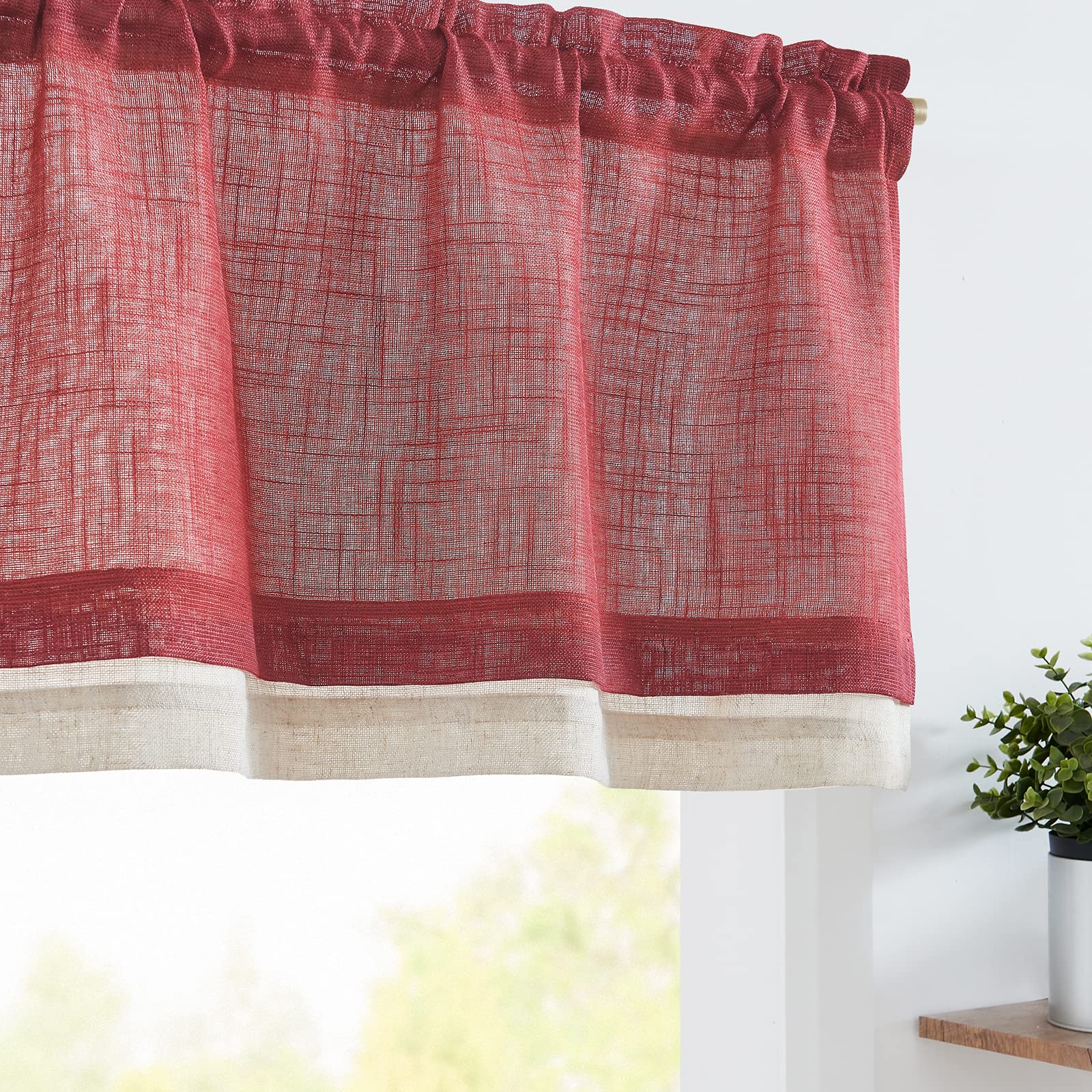 jinchan Linen Farmhouse Valances for Living Room Windows 16 Inch Slubbed Crossed Double Layer Window Valances Light Filtering Rustic Country Overlay Rod Pocket 2 Panels Burgundy Image