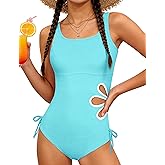 KANGKANG Girls Swimsuit Solid Color Cut Out One Piece Bathing Suit with Chest Pad Adjustable Strap Round Neck Girls' Swimwear
