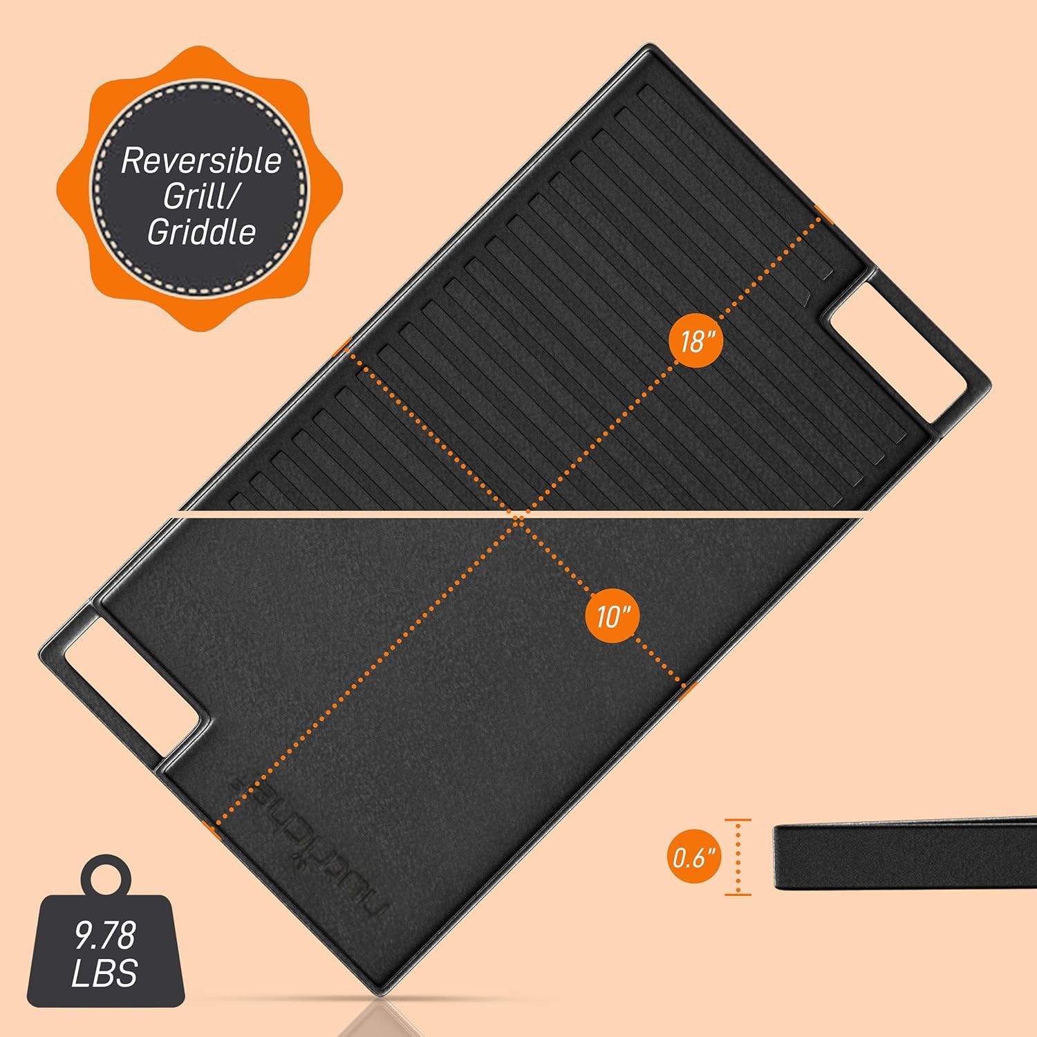 NutriChef Cast Iron Reversible Grill Plate - 18 Inch Flat Cast Iron Skillet Griddle Pan For Stove Top, Gas Range Grilling Pan w/ Silicone Oven Mitt For Electric Stovetop, Ceramic, Induction.: Kitchen & Dining