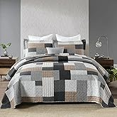 QuiltEase Plaid Quilts King Size - 3 Pieces Quilt Set - 100% Cotton Farmhouse Quilt Bedspread Bedding Set for All Season - Reversible Lightweight Comforter Set - Brown/Black/Gray/White