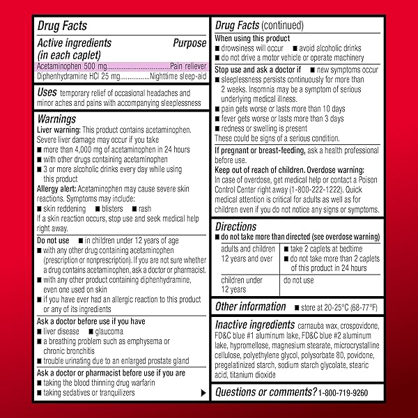 AMAZON BASIC CARE ACETAMINOPHEN PM CAPLETS, PAIN RELIEVER PLUS NIGHTTIME SLEEP AID, EXTRA STRENGTH, HELPS OCCASIONAL MINOR ACHES, PAINS AND HEADACHE RELIEF, 100 COUNT, PACKAGING MAY VARY