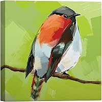 SIGNWIN Canvas Wall Art Cute Orange Green Eastern Towhee Perched on a Branch in Green Background Birds Oil Painting Minimalism Modern Colorful for Living Room, Bedroom, Office - 12x12 inches