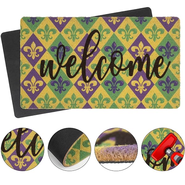 UTOWO MARDI GRAS DOOR MAT WELCOME MAT NON SLIP OUTDOOR MATS FOR HOME KITCHEN BATHROOM INDOOR FRONT DOOR DECOR 17X 29INCH
