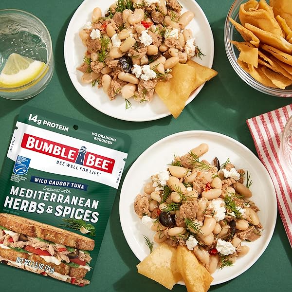 BUMBLE BEE MEDITERRANEAN HERBS & SPICES SEASONED TUNA, 2.5 OZ POUCH – READY TO EAT – WILD CAUGHT TUNA PACKET – 14G PROTEIN PER SERVING – GLUTEN FREE