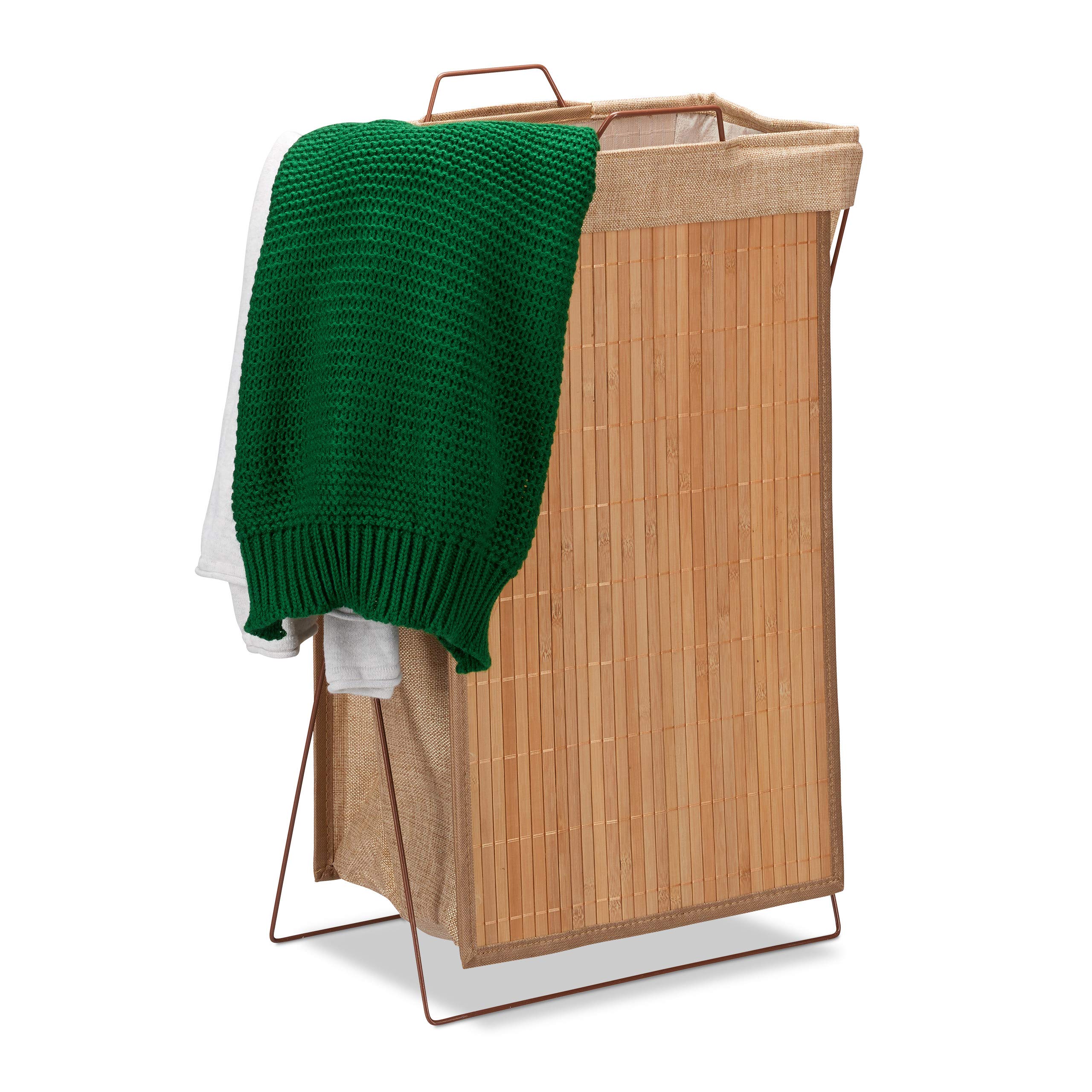 Relaxdays Bamboo Laundry Hamper, Folding, 40L, Metal Frame with Handles, Bag, Clothes Container, HWD 61x38x22cm, Natural