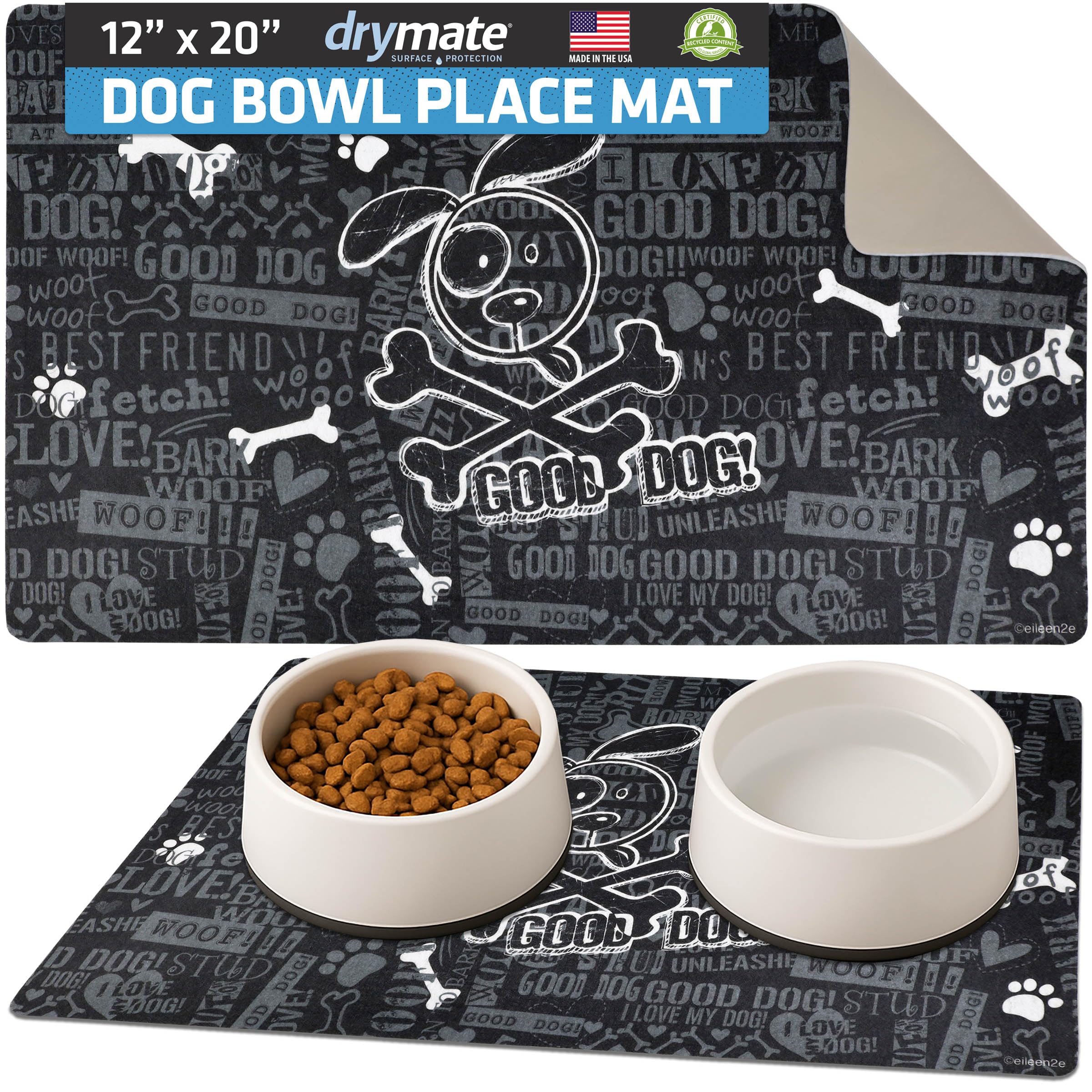 Drymate Dog Bowl Placemat, Pet Food Feeding Mat - Absorbent Fabric, Waterproof Backing, Slip-Resistant - Machine Washable/Durable (USA Made) (12” x 20”) (Good Dog Black)