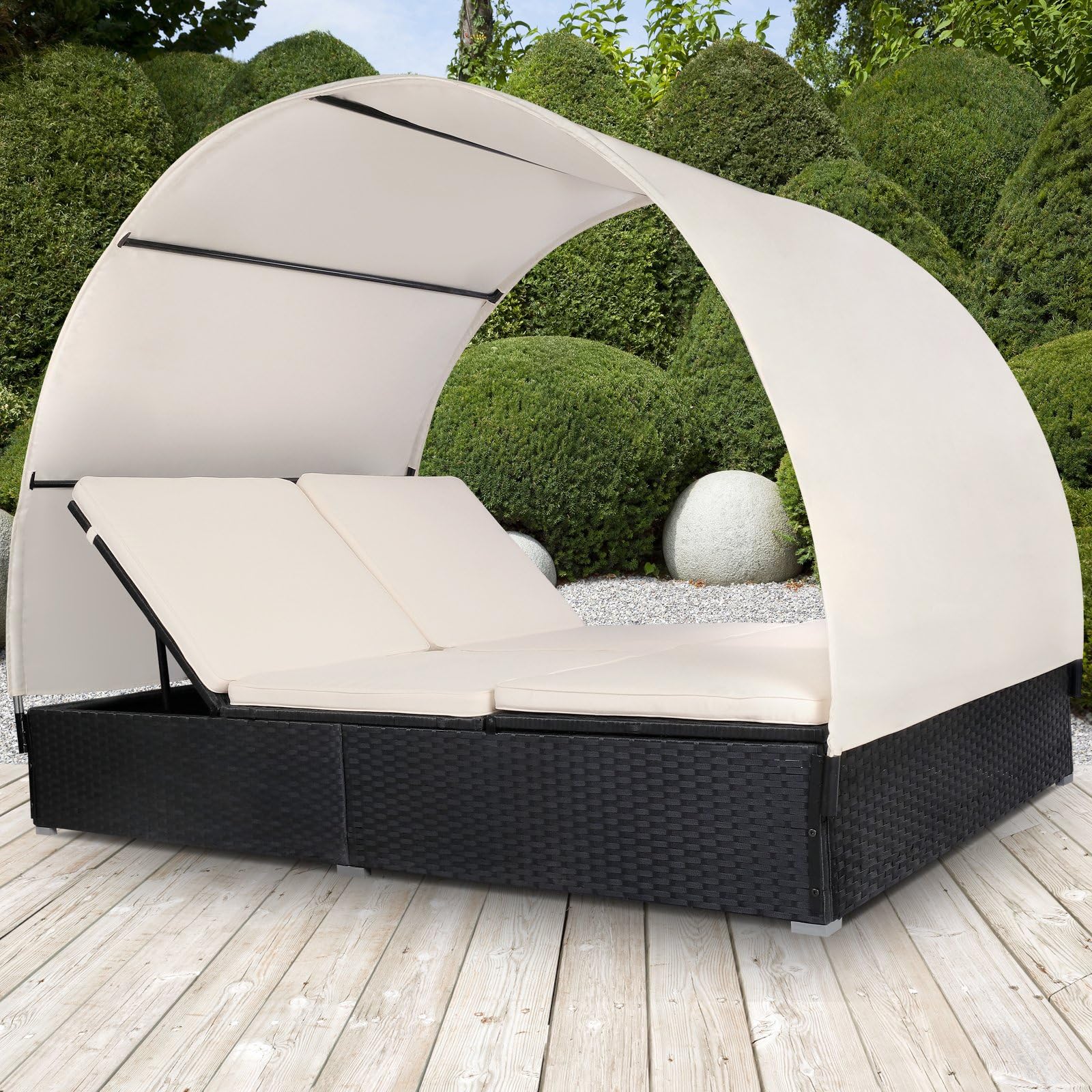 Miadomodo®® – Double Sun Lounger Black Polyrattan