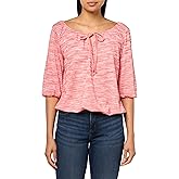 Star Vixen Women's Petite 3/4 Sleeve Peasant Elastic-Hem Keyhole-Tie Top Shirt, Coral Heather, P-Small