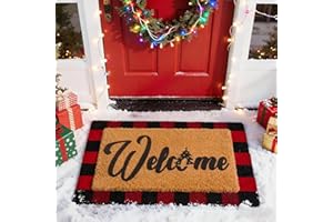 CANDYHOME 2 Pcs Christmas Door Mat Combo Set, Non Slip Coir Welcome Mat + 28 x 43 Buffalo Plaid Rug, Christmas Door Mat Outdoor Rug for Holiday Front Porch Entryway Floor Bath Kitchen Decor (Red Blcak)