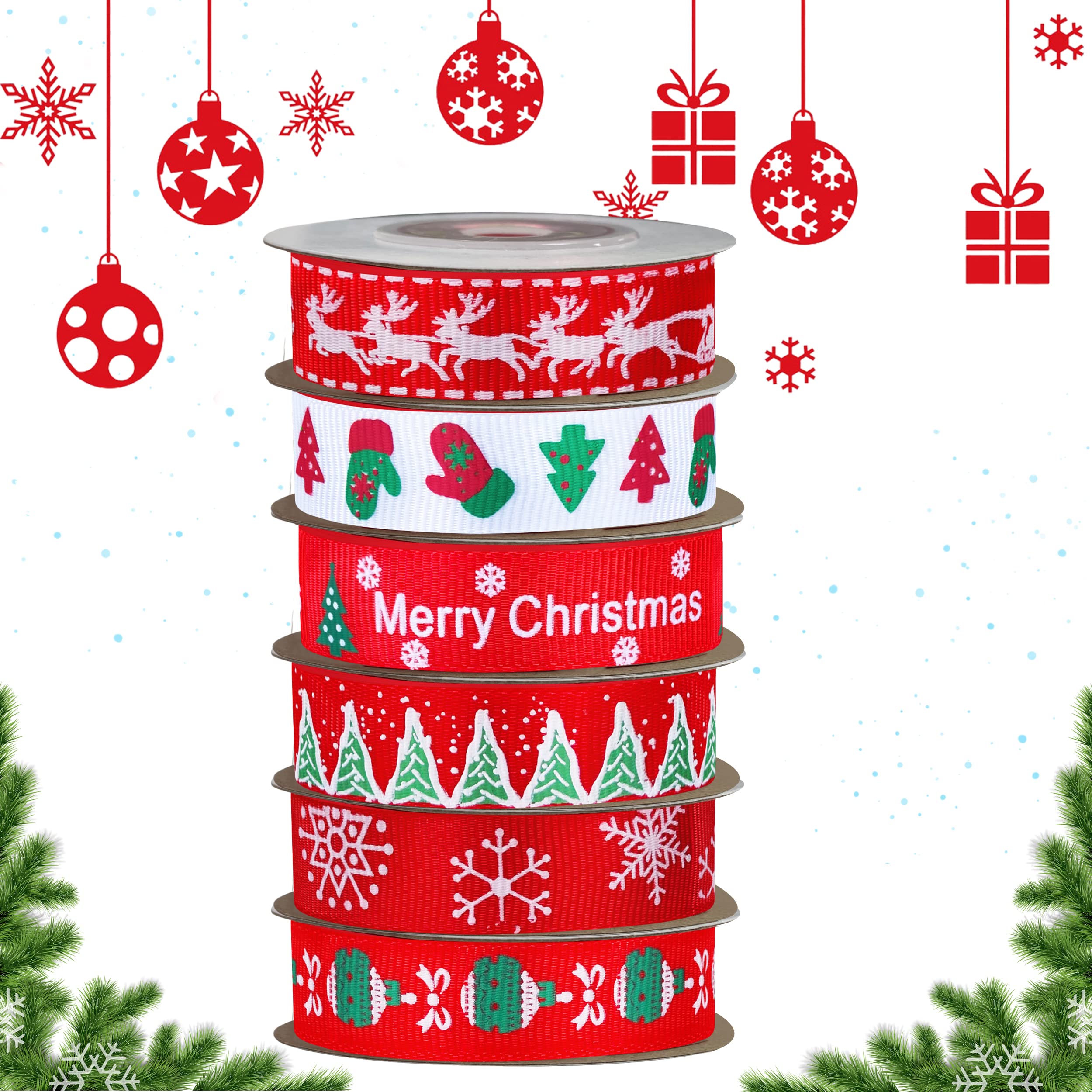Funnlot Christmas Ribbons 6 Pack for Gift Wrapping & Crafting - Red Xmas Ribbon Rolls