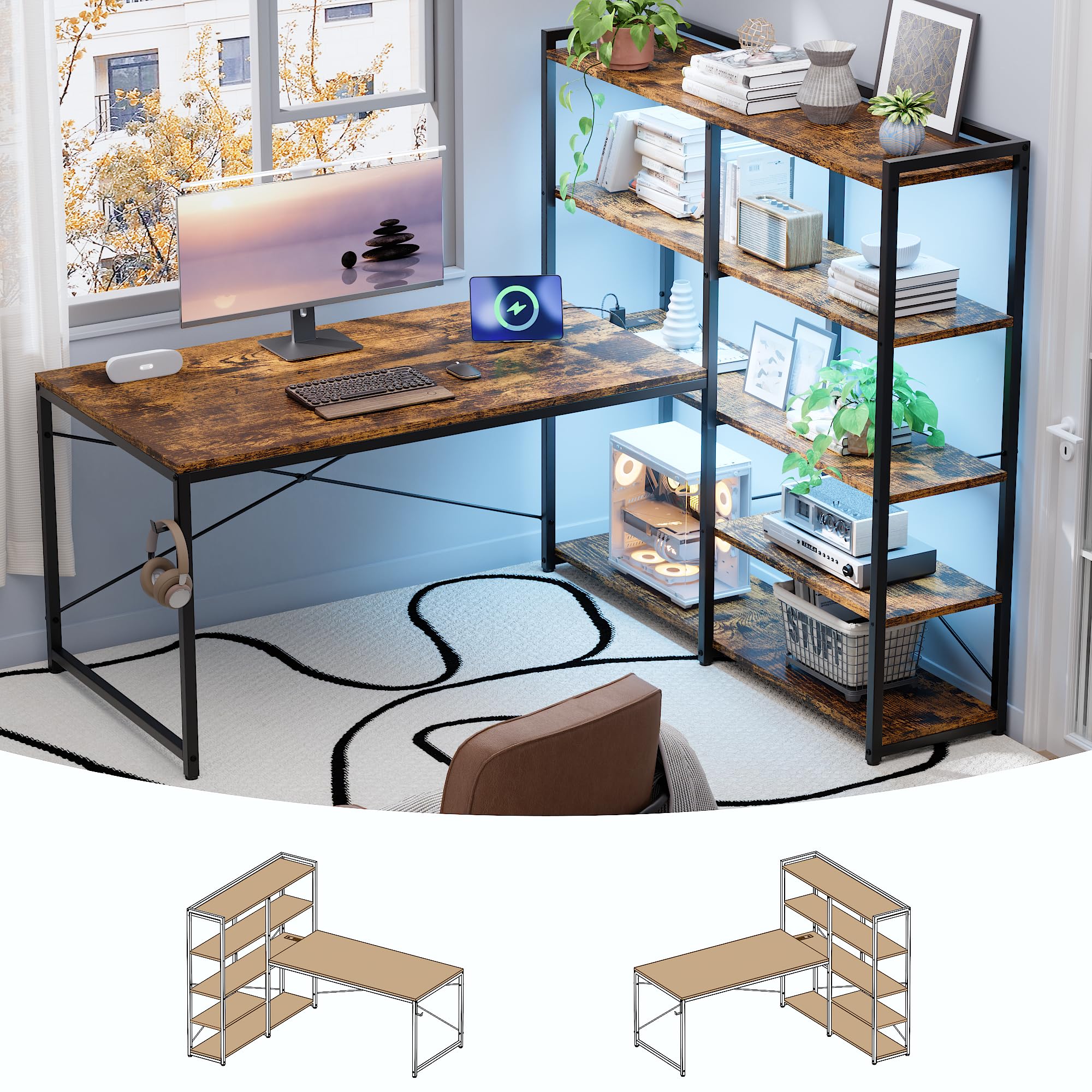 Photo 1 of Pamray L Shaped Computer Desk with Reversible Side Storage Shelves, 49 Inch Gaming Desk with Power Outlets and Led Lights, PC Table for Home Office and Bedroom Vintage