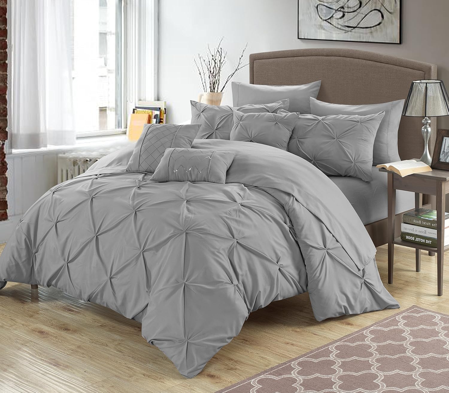 Chic Home 8 Piece Zita Pinch Pleated, Ruffled and Pleated Complete Twin Bed in a Bag Comforter Set Silver Sheets Set and Decorative Pillows Included