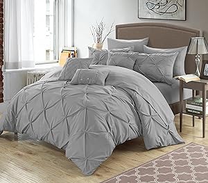 Chic Home 8 Piece Zita Pinch Pleated, Ruffled and Pleated Complete Twin Bed in a Bag Comforter Set Silver Sheets Set and Decorative Pillows Included
