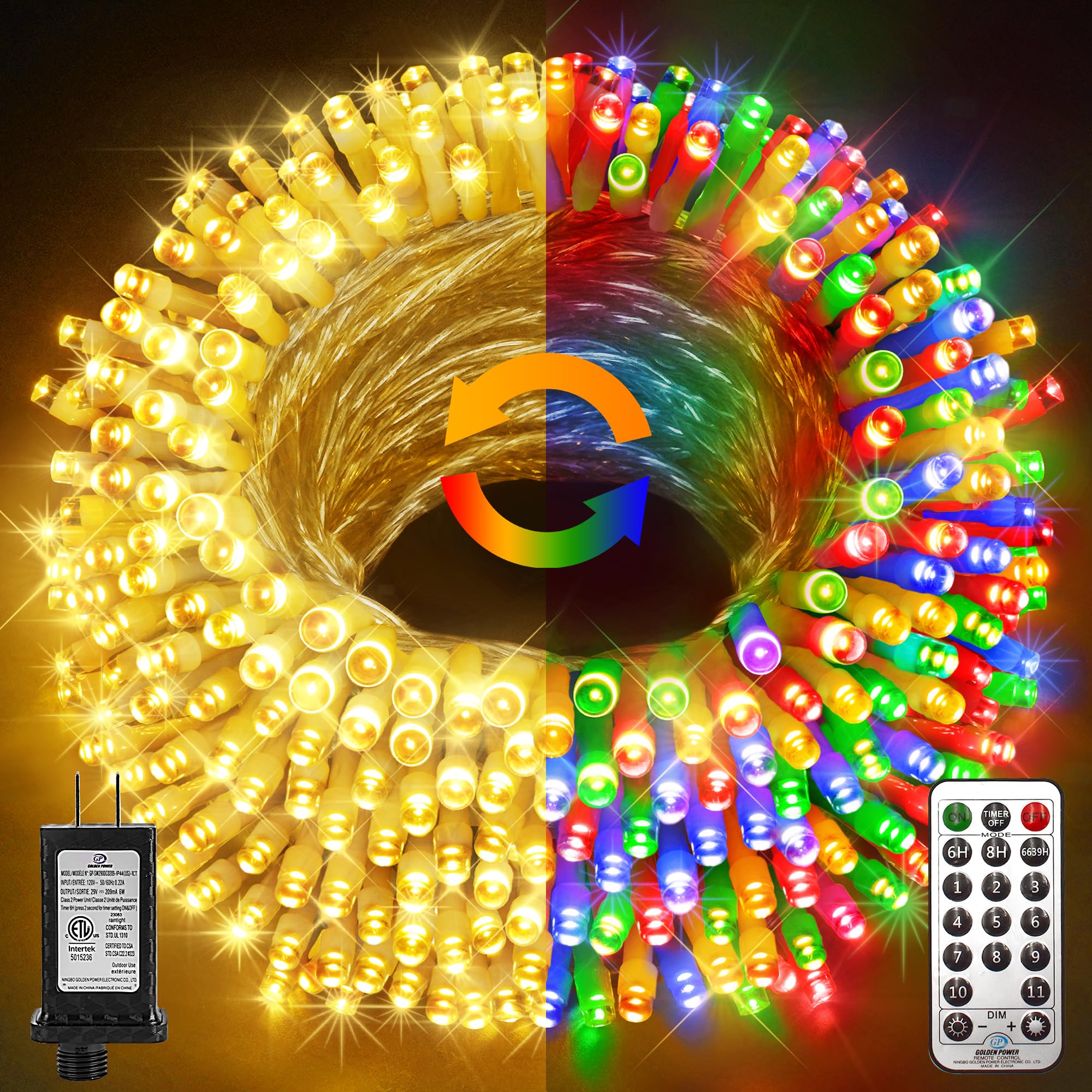 Photo 1 of KNONEW 300 LED 99ft Christmas Lights Color Changing String Lights Outdoor, Clear Wire String Light 11 Modes for Xmas Tree Trunk Yard Porch Deck Wedding Party Warm White to Multicolor