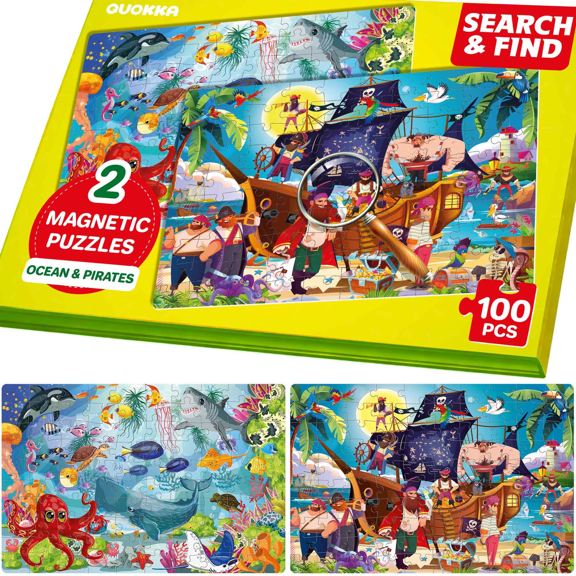 QUOKKA Magnetic Jigsaw Puzzles For 6 7 Year Olds - 2x100 PCS Kids Puzzles age 5-8 with Spot The Difference Maps - Search and Find Home and Travel Magnetic Activity Book - Ocean & Pirates