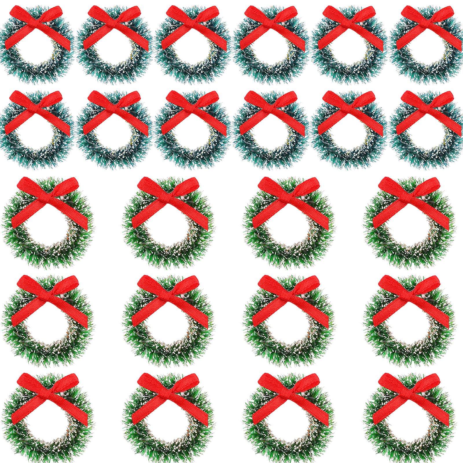 Photo 1 of 24 Pieces Mini Christmas Wreaths Crafts Xmas Tree Wreath with Red Velvet Bow Pine Home Window Artificial Dollhouse Decoration Include 1 Inch Blue Green 1.2 Inch Grass Green for Christmas Tree Decor