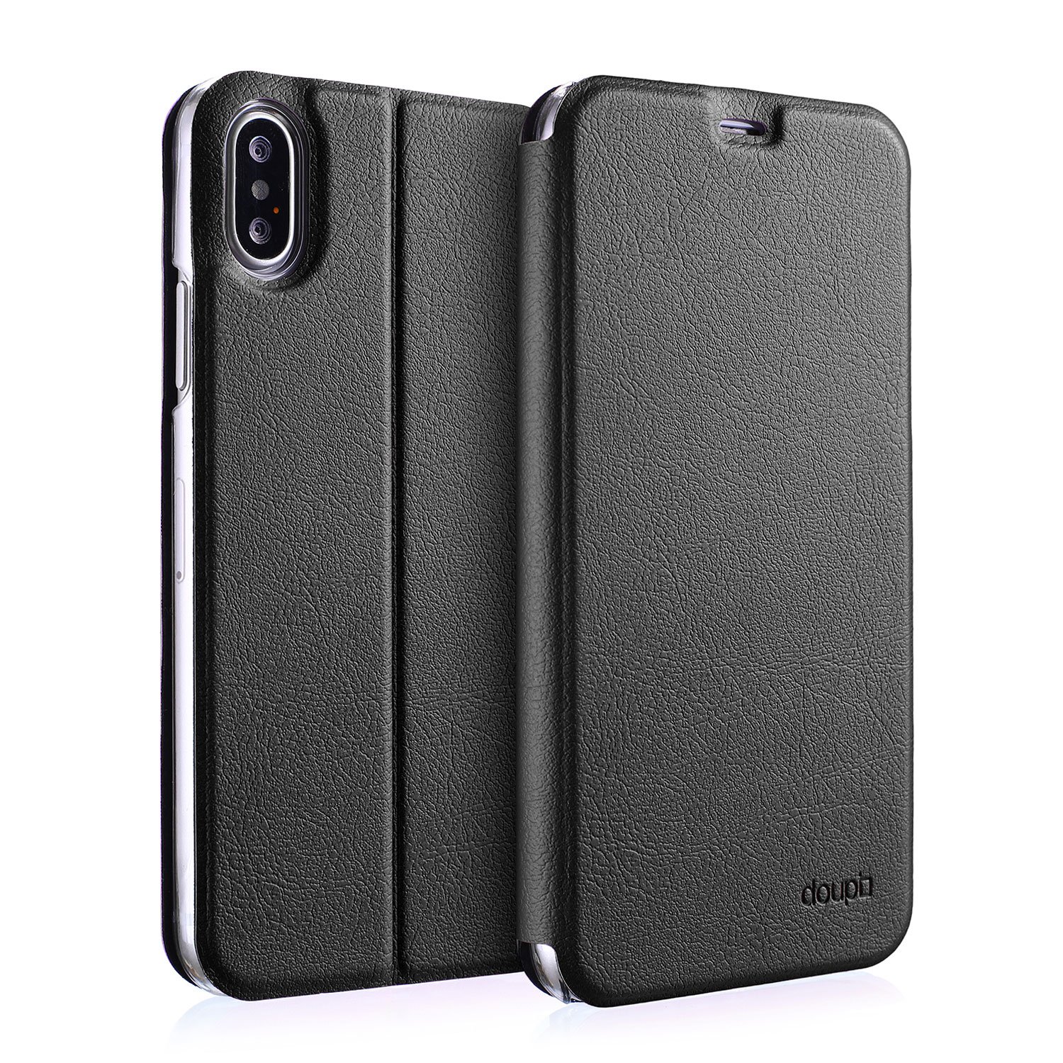 doupi FlipCase for iPhone XS Max (6.5 inch) - Deluxe Leatherette Magnet Book Style Screen Protector Stand Protective Flip Cover, black