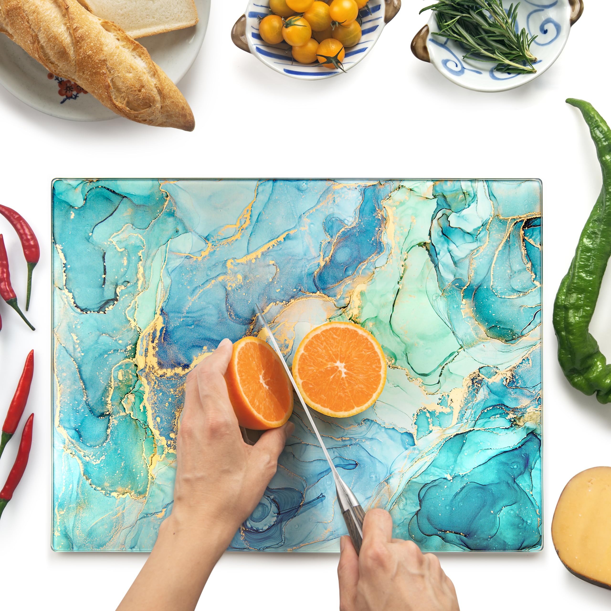 Kitchenville Glass Chopping Board 40x30cm : Tempered Glass Worktop Savers for Kitchens, Durable, Scratch-Resistant, Heat-Proof - Turquoise Ocean