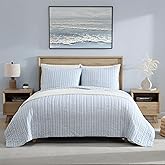 Nautica - Queen Quilt Set, Soft & Reversible Cotton Bedding, Lightweight for Year Round Comfort, 3 Piece Bed Set with Matching Pillowcases (Coleridge Stripe Light Blue)