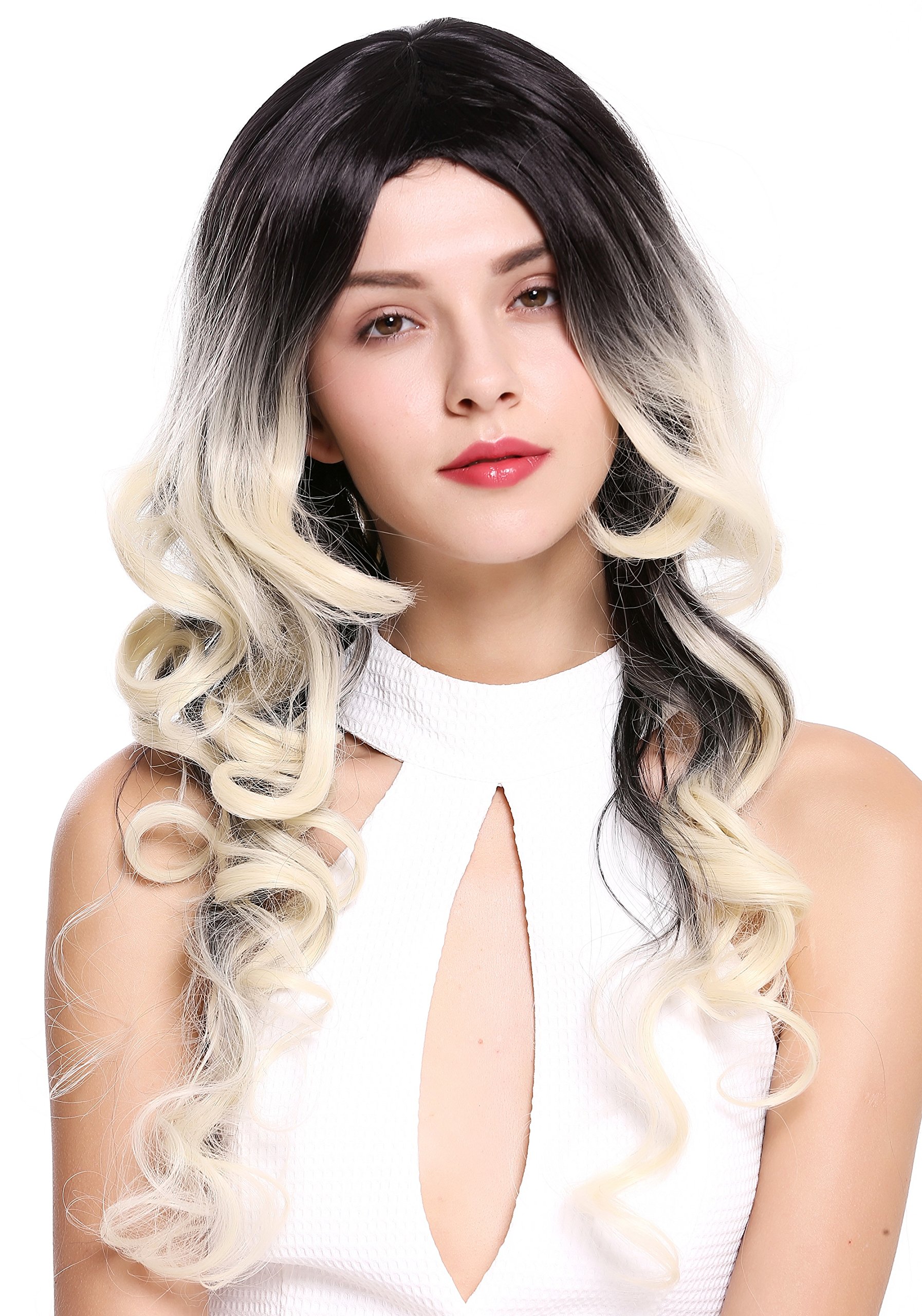 WIG ME UP - ZM-1668-613R1B Extravagant Lady Quality Wig Diva long curled ombre mix black platinum blond middle parting