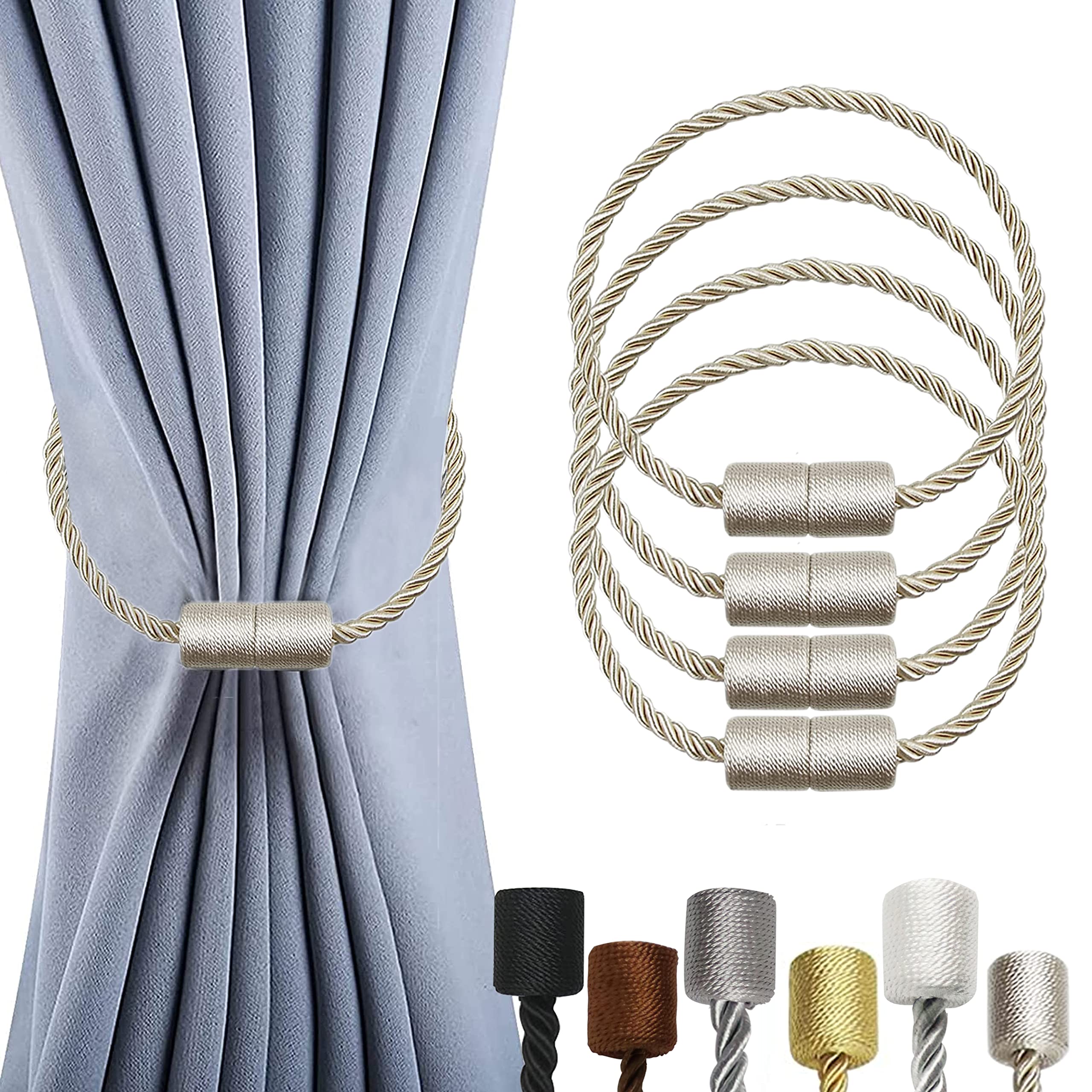 OCIOLI 4 Pack Magnetic Curtain Tiebacks Curtain Holdbacks Curtain Ties with Thicker Twist Rope & Strong Magnet Tie Backs for Curtains (Beige, 4)