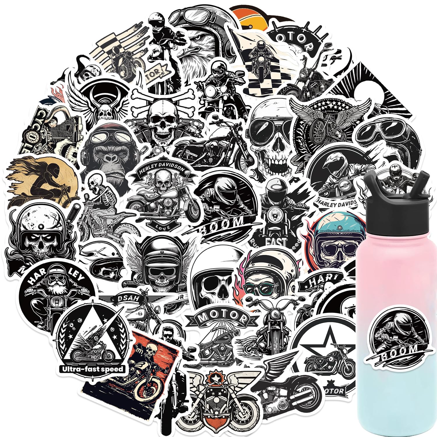 Canverlens 50 Pcs Retro Motorcycle Stickers, Cute Vinyl Stickers for Water Bottle, Laptop, Scrapbook, Journaling, Waterproof, Outdoor Use