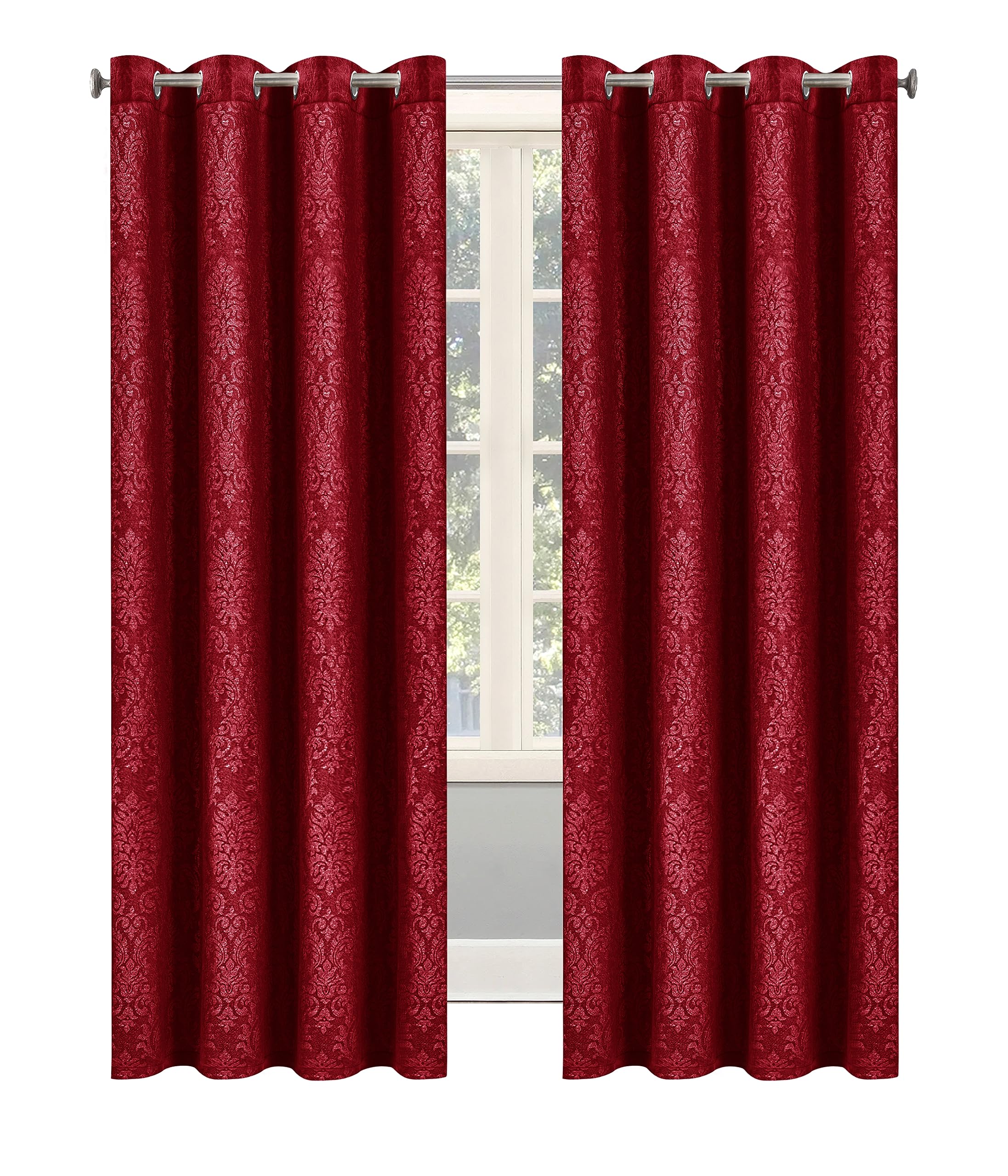 OpulentDreams Embossed Woven Thermal Curtains - Room Darkening Ring-Top Curtains for Bedroom & Living Room - Includes Tie Backs - Pair of Panels (Red - Eyelet, 46" x 54" (116 x 137cm))