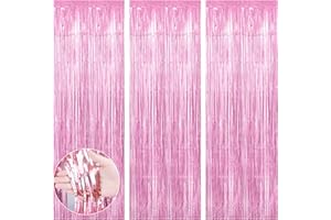 BOEIAC Fringe Backdrop, Pink Backdrop, Foil Fringe Curtains, 3 PCS 3.3x6.6ft Tinsel Curtain Backdrop Streamers for Valentine's Day Birthday Wedding Bachelorette Party Supplies Graduation Decorations