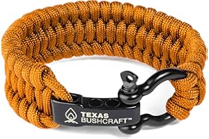 Texas Bushcraft Firecraft Cord Survival Bracelet – Paracord Bracelet with Bow Shackle for Camping and Emergency – 3 Extra Strands Include Wax Thread, Tinder, and Fishing Line