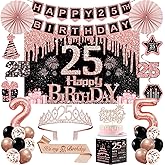 25th Birthday Decorations for Girls Women,32PCS 25th Birthday Party Decorations,Including Backdrop, Crown, Sash, banner, Hanging Swirl,balloons,Cake Topper,Paper Fans and Anniversary Card