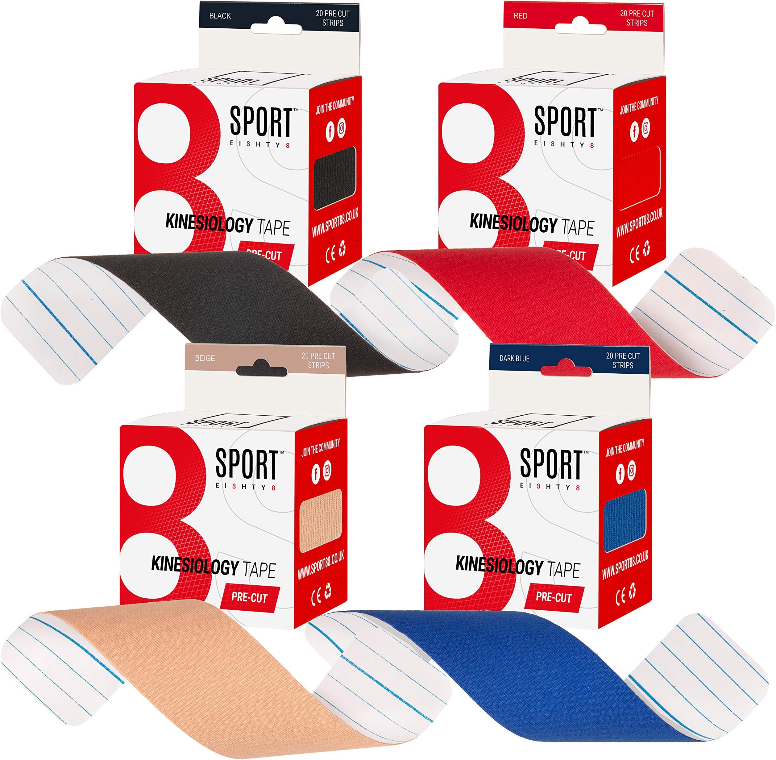 Sport 88 Kinesiology Tape | Pre cut 5m Sports Medical Tape For Muscle & Joint Pains & Aches | Therapeutic Taping For Shoulder Elbow Knee Plantar Fasciitis & More | Elastic Kinesiology, Waterproof Strips In 4 colours