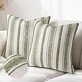 AELS 18x18 Decorative Farmhouse Linen Throw Pillow Covers, Beige with Olive Green Chenille Striped Pillow Case, Set of 2, Boho Textured Cushion Cover for Sofa Couch Living Room (Cover ONLY)