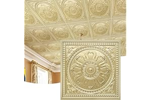 STICKGOO Drop Ceiling Tiles 24"x24", PVC Panels Waterproof Reusable, Covers 48 Sq.Ft., Baroque Decorative Ceiling Tiles for Home & Commercial Use (Pack of 12, Champagne Gold)