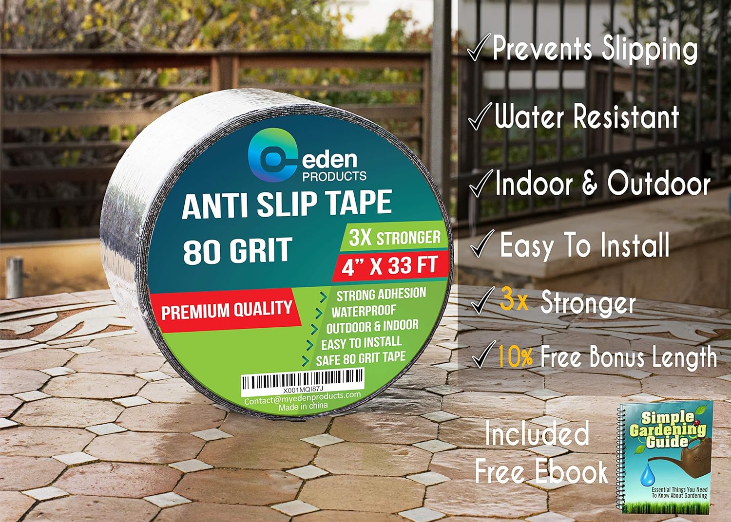 EdenProducts Heavy Duty Anti Slip Traction Tape, 4 Inch x 33 Foot Grip Tape Grit Non Slip, for Outdoor/Indoor, Non Skid Treads, High Traction Friction Abrasive Adhesive Stairs Step - Black - - 