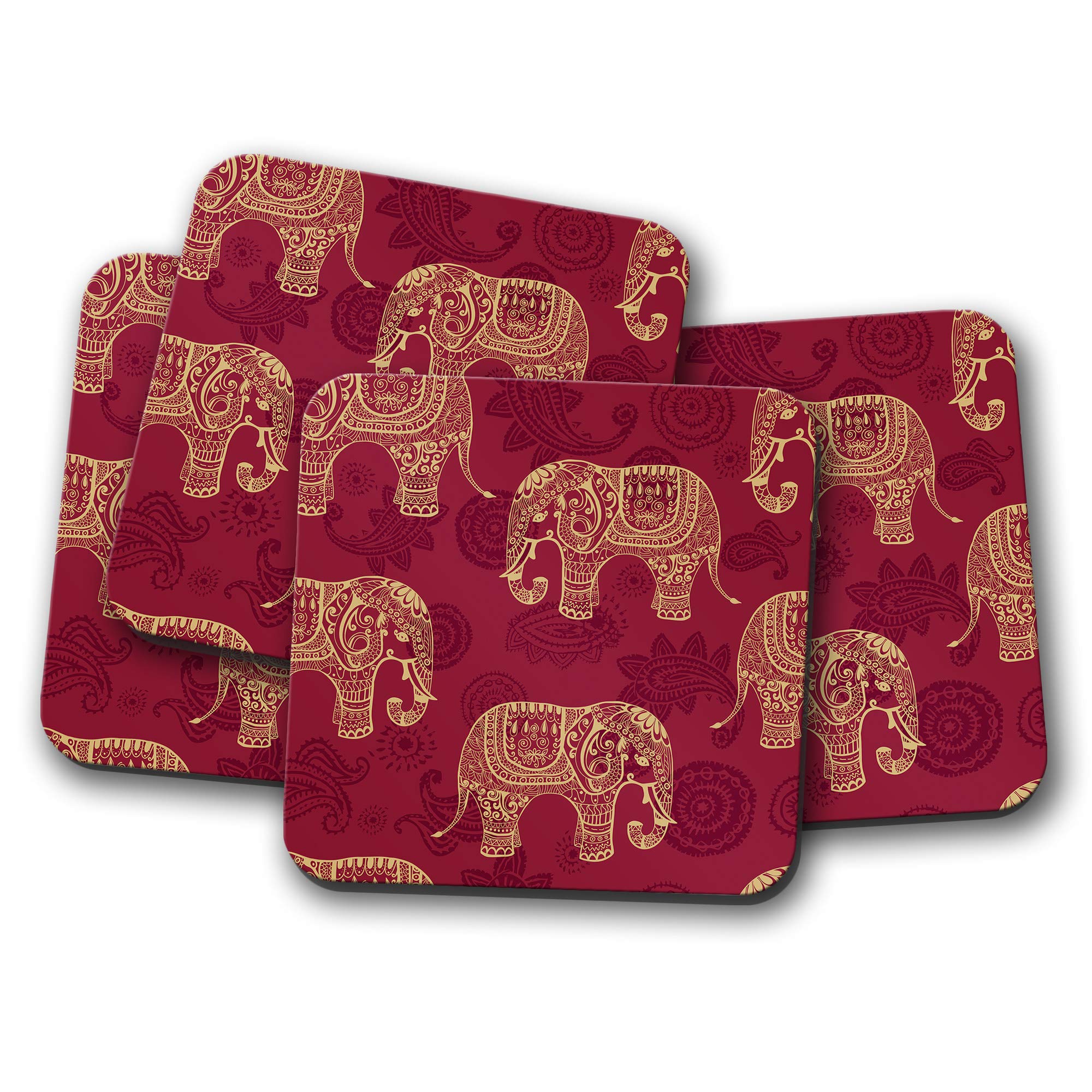 4 Set - Red Elephant Print Coaster - Indian India Mum Gold Auntie Fun Gift #8856