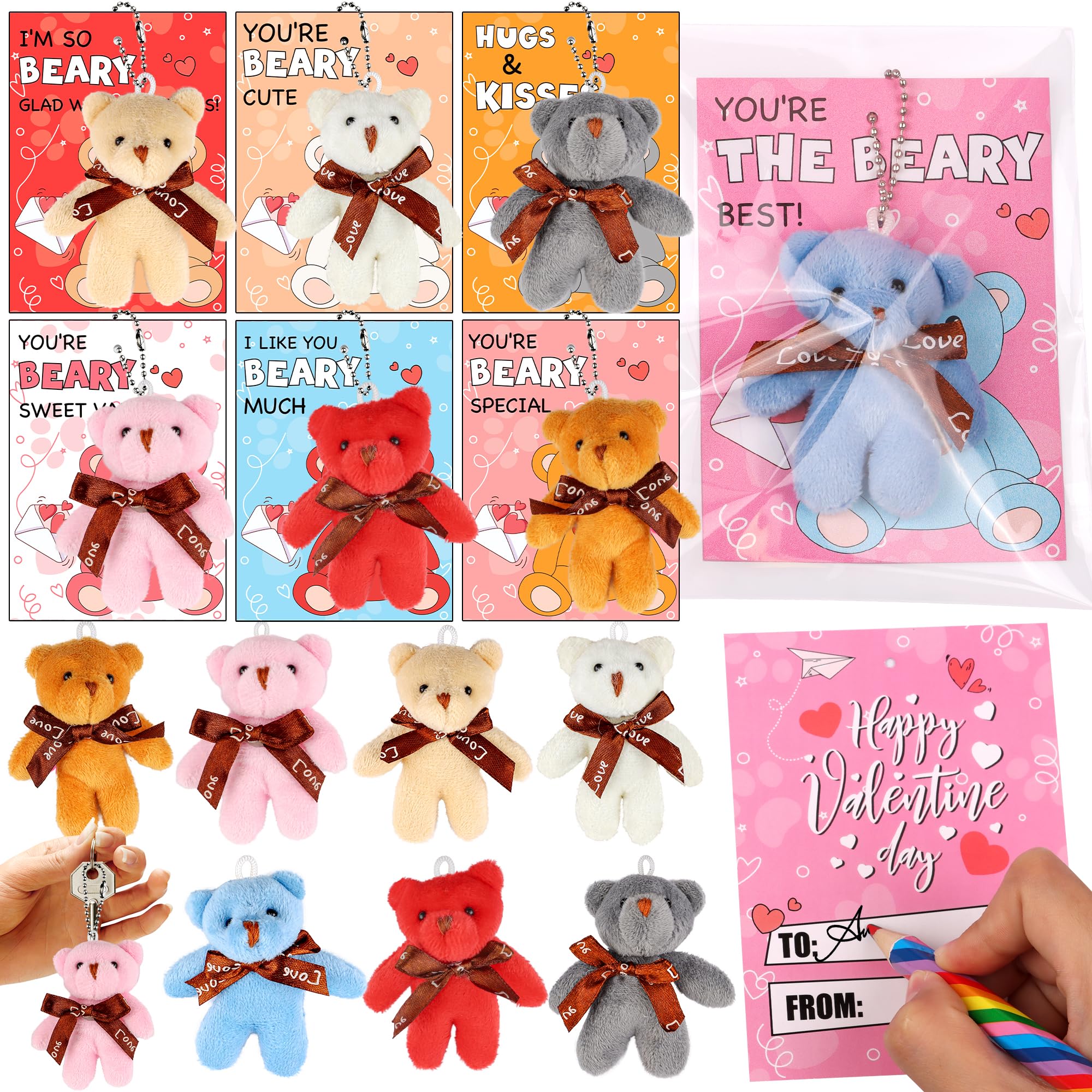 Photo 1 of 28 Pack Valentines Day Cards for Kids Classroom with Mini Bear Plush Toys Keychain Valentines Day Gifts for Kids School Valentines for Class Exchange Cards Valentines Party Favors Prizes Girls Boys