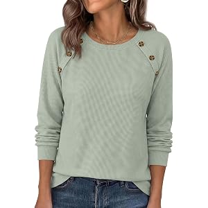 PRETTYGARDEN Fall Long Sleeve Waffle Knit Shirts for Women | Soft Stretchy Tops, Casual Crew Neck, Raglan Sleeves with Deco B