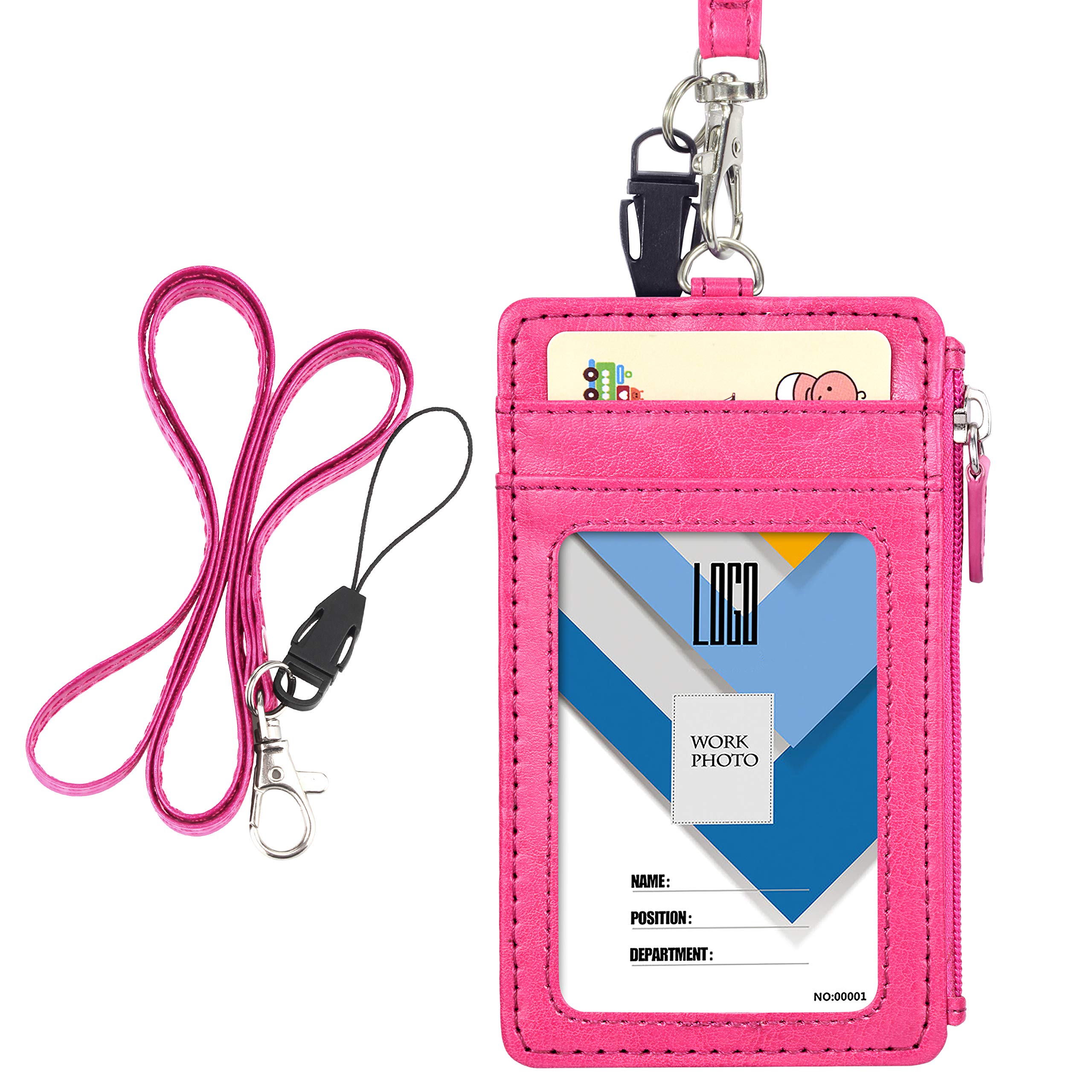 Wisdompro Badge Holder with Lanyard, Vertical PU Leather ID Card Holder with 5 Card Slots, 1 Side Zipper Pocket, Double Sided- Hot Pink