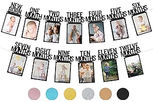 PartyHooman 1st Birthday Photo Banner for Baby from Newborn to 12 Months, First Birthday Decorations Girl Monthly Milestones 