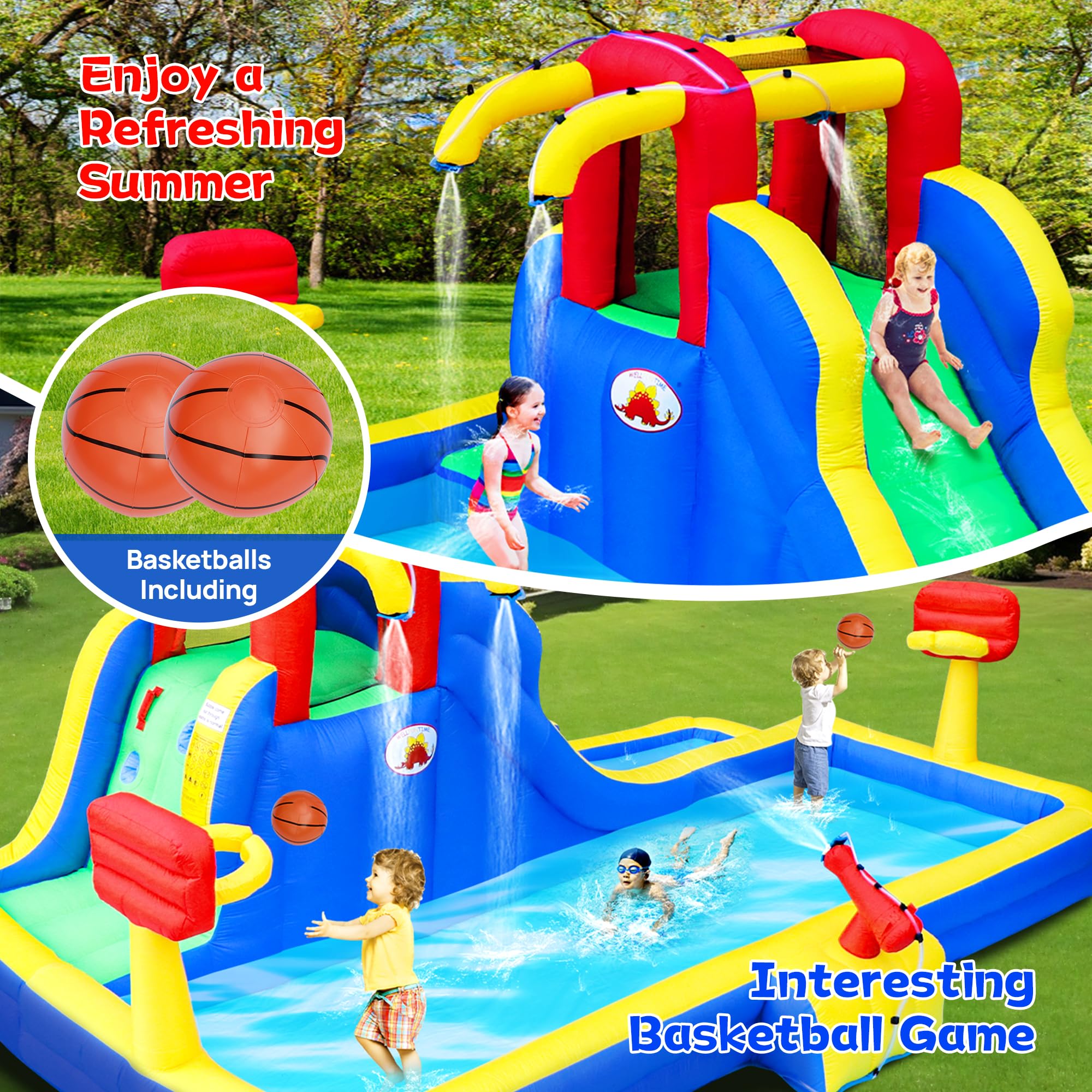 WELLFUNTIME Inflatable Water Park with Blower, Bouncy Castle with Water Cannon and Double Basketball Rings