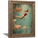 Vintage Gold Framed Wall Art, Retro Mermaid Swimming Oil Painting Canvas Prints, Renaissance Weird Fish Picture Wall Decor, Antique Surreal Poster, Mid Century Underwater Artwork for Living Room