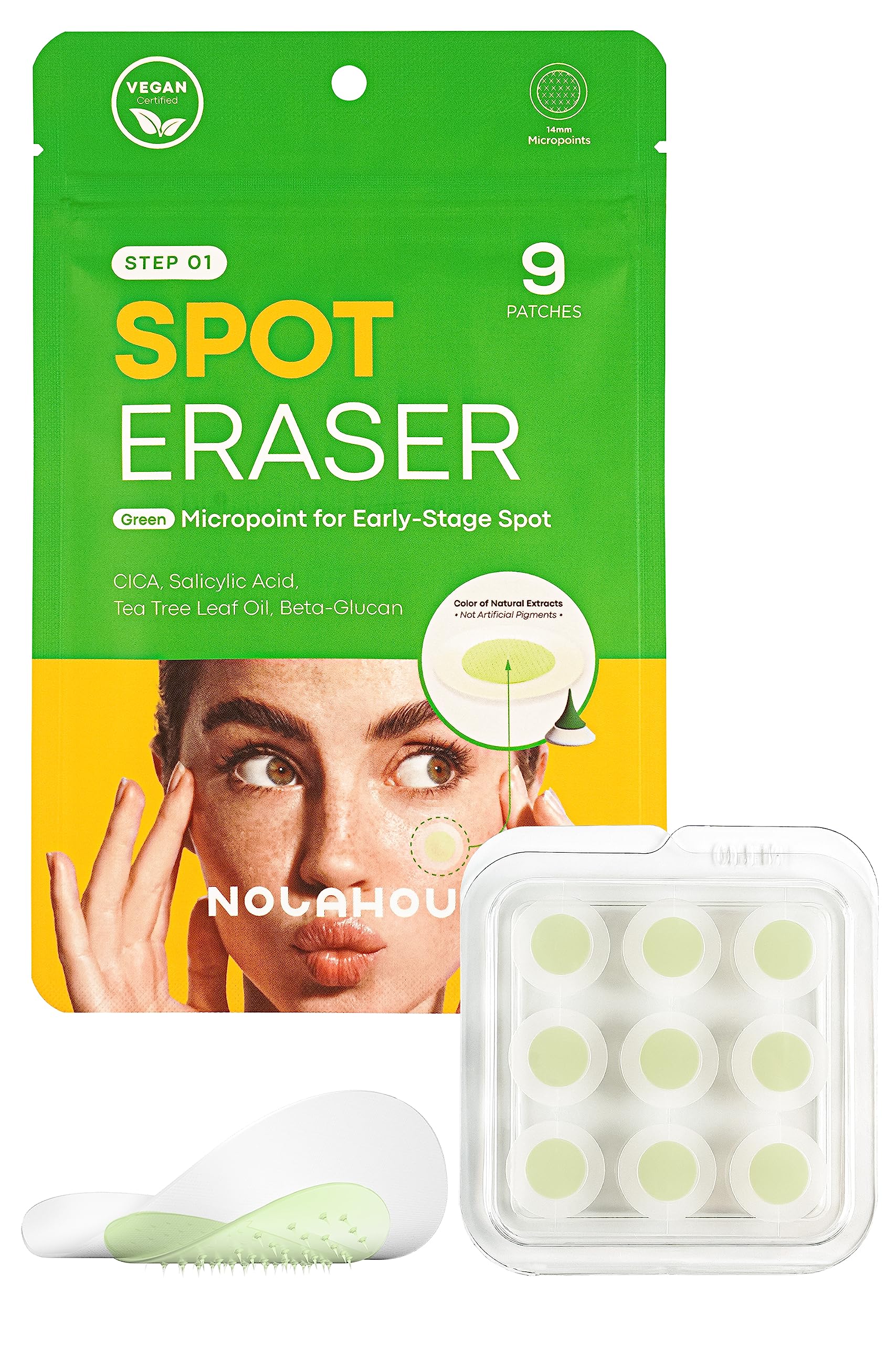 NOLAHOUR Spot Eraser Green Microneedle Patch, Tea Tree Leaf Oil, Madecasoside, Deer, Acne Patch, Pack of 9, Acne Patch